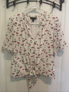 Haver White Cherry-Print Tie-Front Blouse with Green Accents